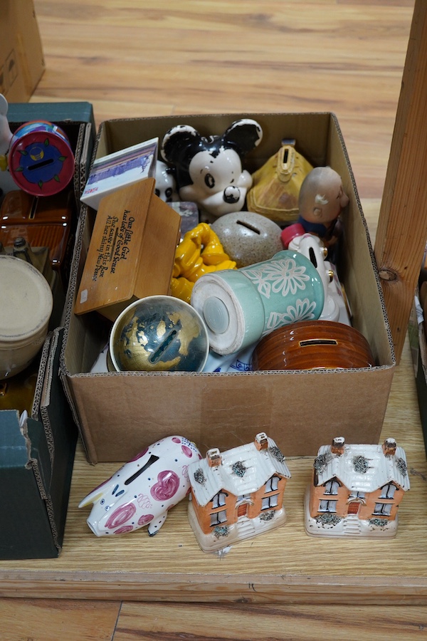 A large collection of mostly late 20th century pottery, metal and wooden novelty money boxes, including Rye, Staffordshire etc. (3 boxes). Condition - mostly fair to good.